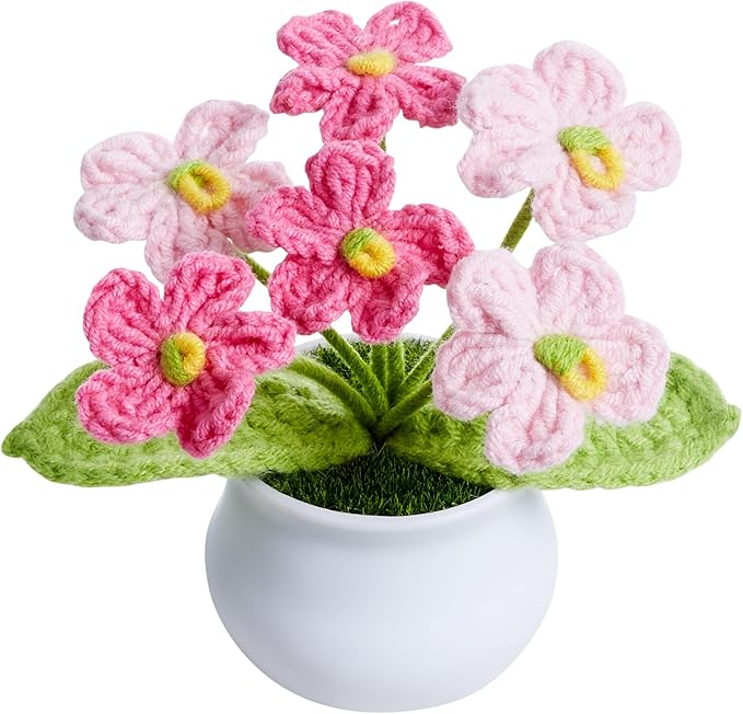 Crochet Flowers Pink Handmade Knitted Potted Flower Plants, Christmas Birthday Gifts for Coworkers Women Teacher Anniversary Thanksgiving, Cute Desk Home Office Accessories Decor