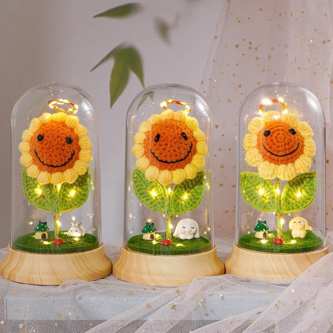 Levvohd Crochet Sunflower Gifts for Women, Sun Flower Birthday Gifts for Grandma, in Plastic Dome Sunflower, for Her Mom Mothers Day Christmas Day Gifts (A - Sunflower 4.3 in X 7.5 in)
