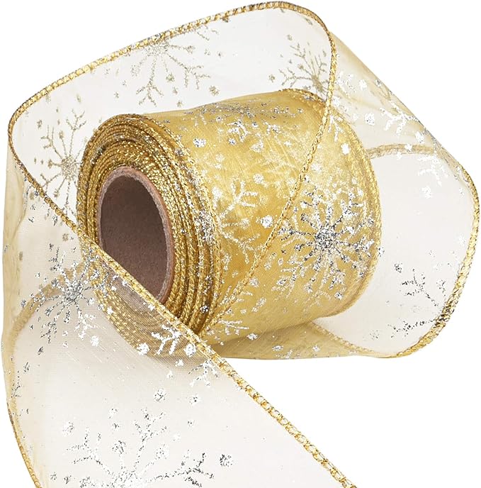 2.5 Inch Wide Christmas Wired Ribbon Snowflake Organza Sheer Glitter Ribbon for Xmas Tree, Wreath, Party Decoration, Gift Wrapping (Golden, 10.9 Yards)