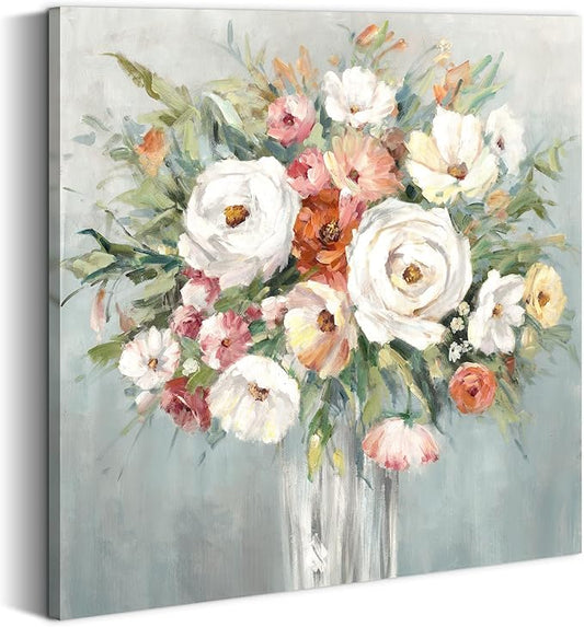 summer melody Modern Floral Canvas Wall Art - Elegant Flower Painting Abstract Blossom Bouquet Picture Prints Colorful Rose Artwork for Bedroom Living Room