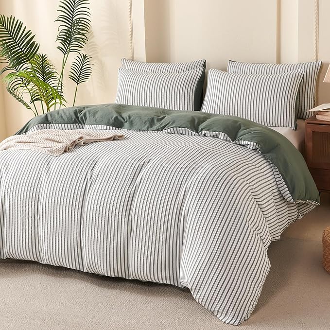 King Duvet Cover Set Striped Washed Microfiber Jacquard 3 Pieces Bedding Set, Green White Vertical Ticking Stripes Pattern Comforter Cover with Zipper Closure Breathable Durable Soft Comfy