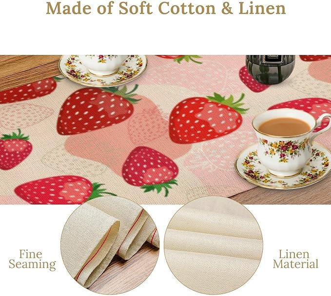 Strawberry Table Runner, Spring Summer Fruit Birthday Party Decoration Dining Room Home Kitchen Table Decor 13 x 36In