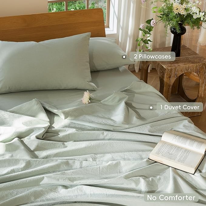 MooMee Bedding Duvet Cover Set 100% Washed Cotton Linen Like Textured Breathable Durable Soft Comfy (Heathered Sage Green, Super King 108"x98")