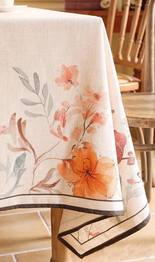 Linen Long Rectangle Tablecloth,French Vintage Pink Floral Pattern Wrinkle Free Table Cloth,Decor Table Cover for Kitchen,Dining,Tea Party,Thanksgiving,Christmas,63"*110"-Sloosa