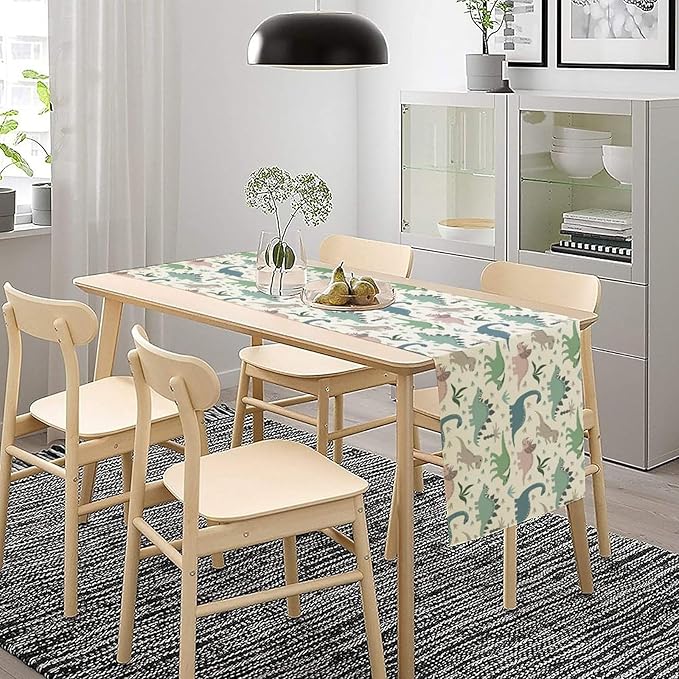 Cartoon Dinosaur Table Runner,Kids Boys Cute Colorful Animal Dino Abstract Print Tablecloth Burlap for Hotel Indoors Outdoor Dining Room Kitchen Holiday Party, 13x108in