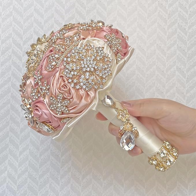 Handmade Satin Rose Floral Bling Pearl Decor Bridal Wedding Bouquet Rhinestone Pendant Artificial Brooch Flowers for Bride Bridesmaid Quinceanera