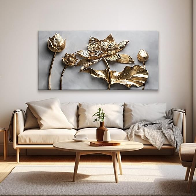 Floral Wall Art For Living Room Modern Canvas Art Wall Decor Print Painting Prints Pictures Gold Flower Wall Art Picture For Bedroom Hotel Home Wall Decor 24 X 48 Inch