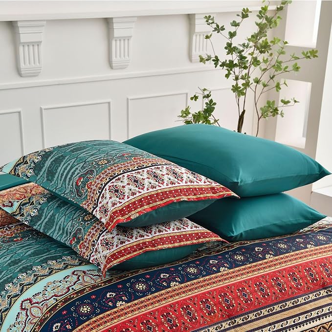 Cottolester Boho King Size Comforter Set 8 Pieces,Green and Brown Bohemian Striped Bed in a Bag,Floral Soft Microfiber Bedding Comforter Set