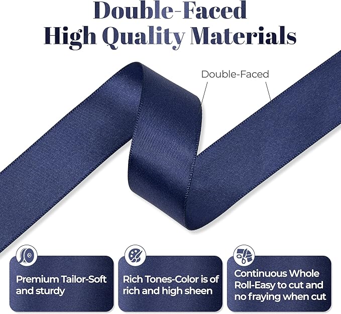 Navy Blue Satin Ribbon, Double Faced 7/8 Inch X 25 Yards Navy Blue Ribbon, Premium Satin Ribbon for Gift Wrapping, Crafts, Hair Bow Making, Sewing, Flower Bouquet, Wedding Party Decor