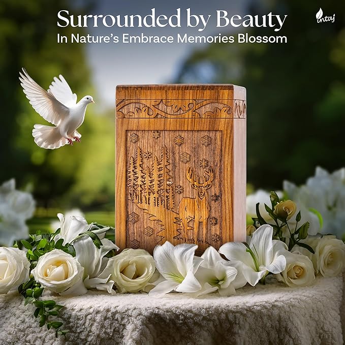 INTAJ Handcarved Rosewood Deer Urn for Human Ashes Adult Male Female - 250 lbs Capacity Forest Scene Wooden Cremation Urn Box Suitable for Burial Funeral Decorative Wildlife Memorial Casket