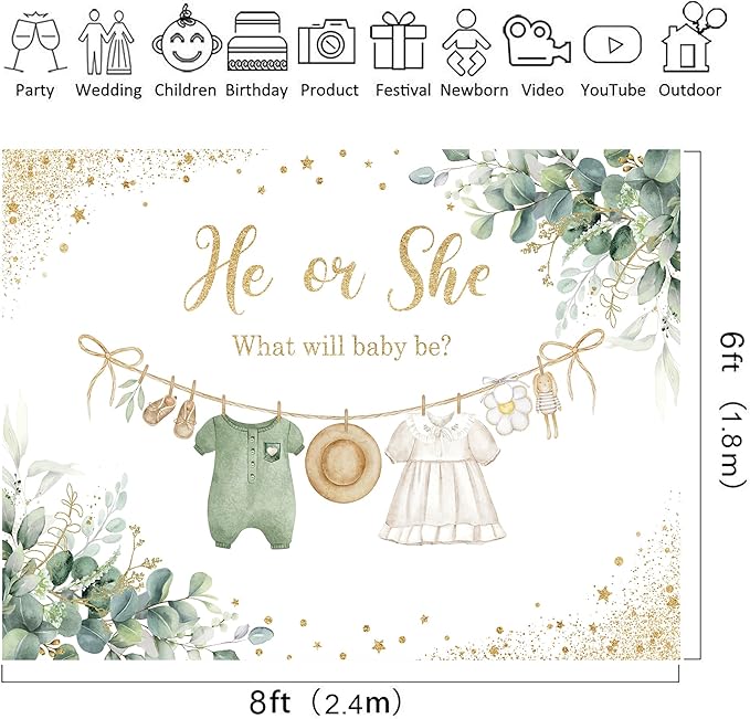 Riyidecor Green Gender Reveal Backdrop Polyester Fabric He or She What Will Baby Be 8Wx6H Feet Boho Watercolor Gold Dots Sage Eucalyptus Leaves Photography Background Baby Shower Photo Studio Shoot