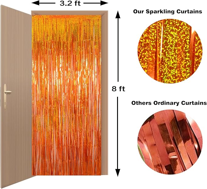 Upgraded Thicker Melsan Tinsel Fringe Curtain, 3 Pack 3.2 x 8.2 ft Orange Metallic Streamers with Extra Tape, for Thanksgiving Birthday Baby Shower Graduation Party Decor