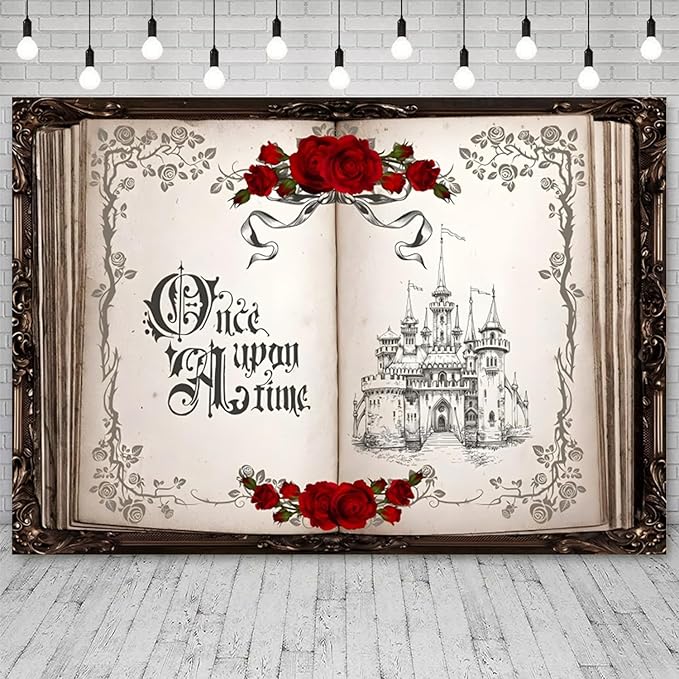 10x8ft Once Upon a Time Backdrop Princess Castle Wedding Party Photography Background Fairytale Book Romantic Story Red Roses Bridal Shower Decorations Birthday Portrait Photo Booth Prop