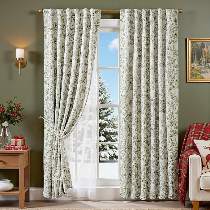 jinchan Floral Blackout Curtains for Bedroom Living Room 84 Inches Length Farmhouse Curtains Room Darkening Vintage Drapes Traditional Rod Pocket Window Treatment 2 Panels Set Sage Green on Beige
