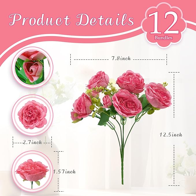 12 Packs Artificial Peonies Silk Flowers: Faux Peony Bouquet 12 Bundles, Fake Peonies Flowers Bulk for Centerpiece Table Wedding Party Home Decor for Christmas Decoration (Rose Red)