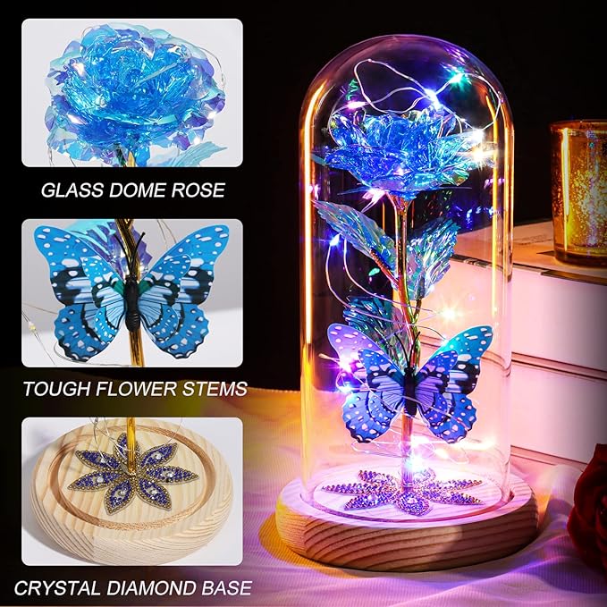 Christmas Rose Gifts for Women Mom Birthday Gifts, Galaxy Glass Rose Forever Preserved Flowers for Delivery Prime Light Up Rose in Glass Dome with Butterfly Xmas Gifts for Grandma Her Wife Daughter