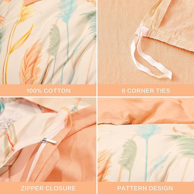 SAPHREAS Plant Reeds Duvet Cover Set Queen Size Cotton 3 Piece Beige Orange Bedding Comforter Duvet Cover Set 1 Duvet Cover 2 Pillow Shams