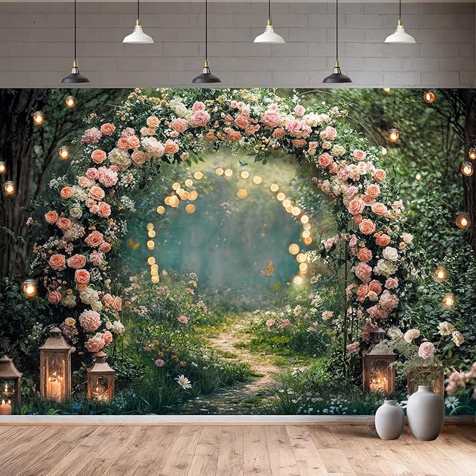 9x6ft Enchanted Forest Wedding Photography Backdrop Wonderland Roses Fairy Tale Backdrop Pink Flower Birthday Newborn Baby Shower Wedding Bridal Party Banner Photo Booth Props Anniversary Background