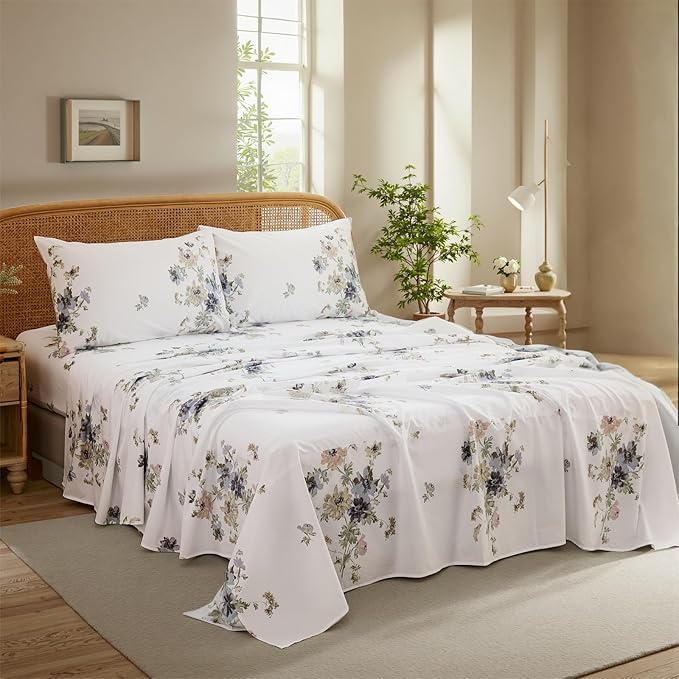 100% Cotton Sheet Set King Size – 4-Piece Vintage Floral Chic Bedding Set, Soft Breathable Percale Weave, Deep Pocket Fitted Sheet 17.5", Crisp Cool Feel, Refined Botanical Elegance
