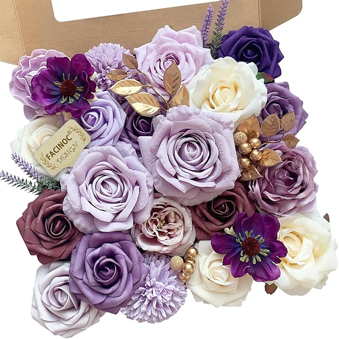 Roses Artificial Flowers Purple Fake Flower with Stems Bulk for DIY Wedding Bouquets Bridal Baby Shower Centerpiece Table Decorations Silk Faux Floral Arrangements for Party Home Decor Indoor