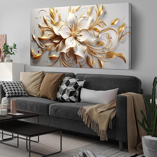 Flower Canvas Wall Art for Bedroom White and Gold Wall Decor for Living Room Wall Art for Dining Room Large Size 29" x 58"