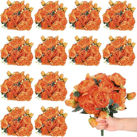 Hoteam 24 Bundles Artificial Peonies Flowers Wedding Faux Flowers Silk Peony Bouquet Bulk Bride Fake Florals Arrangements for Table Centerpieces Wedding Party Vase Decor (Orange)