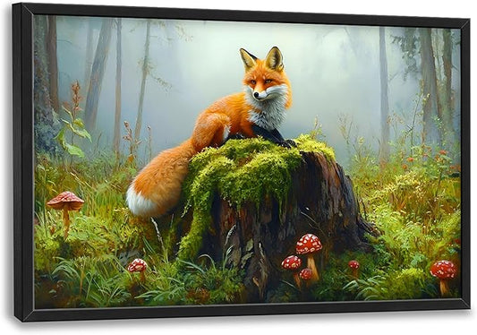 Forest Fox Large Wall Art Framed Rustic Wall Decor for Living Room Fox Mushroom Pictures Oversized Canvas Print Painting Modern Extra Large Framed Artwork for Bedroom Office 36"x24"
