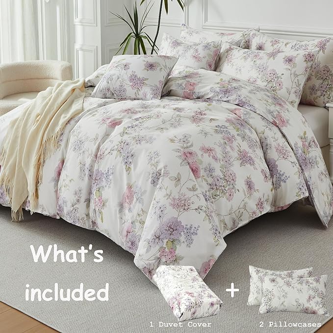 FADFAY 100% Cotton Duvet Cover Set King – Ultra Soft, Breathable & Elegant Floral Bedding for All Seasons, 3-Piece Comforter Cover with Hidden Zipper and Corner Ties