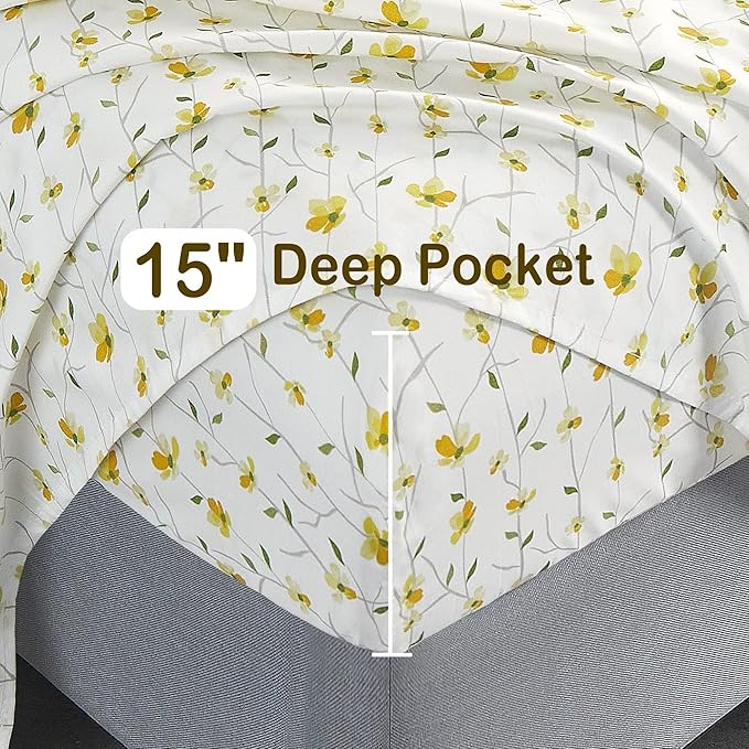 Softan Yellow Floral Sheets for Queen Size Bed Printed Bed Sheets - 4 Piece Soft Microfiber Patterned Fitted Sheets Queen with 15" Deep Pocket and Corner Straps,Cute Flower Sheets & Pillowcase Set