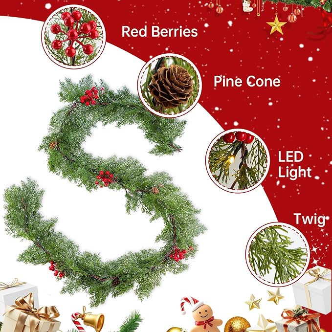 2Pack 6FT Christmas Garland Faux Cypress Pine Cedar Garland with 20 LED Lights, Holiday Garland for Home, Wedding, Party Decorations