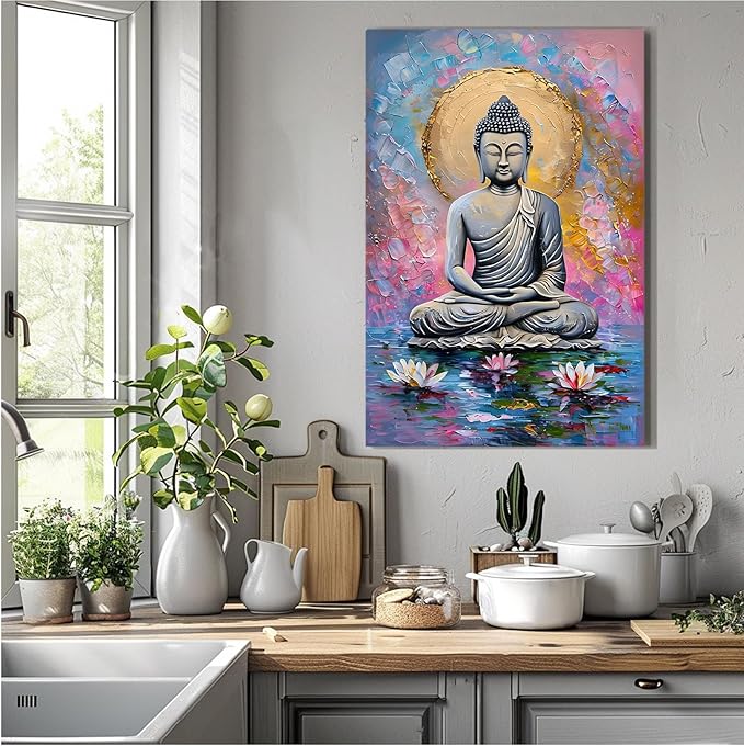 Lotus and golden Buddha meditation tranquil zen wall art mindfulness wall art for spiritual harmony and tranquility decor 8x12in Wood Framed