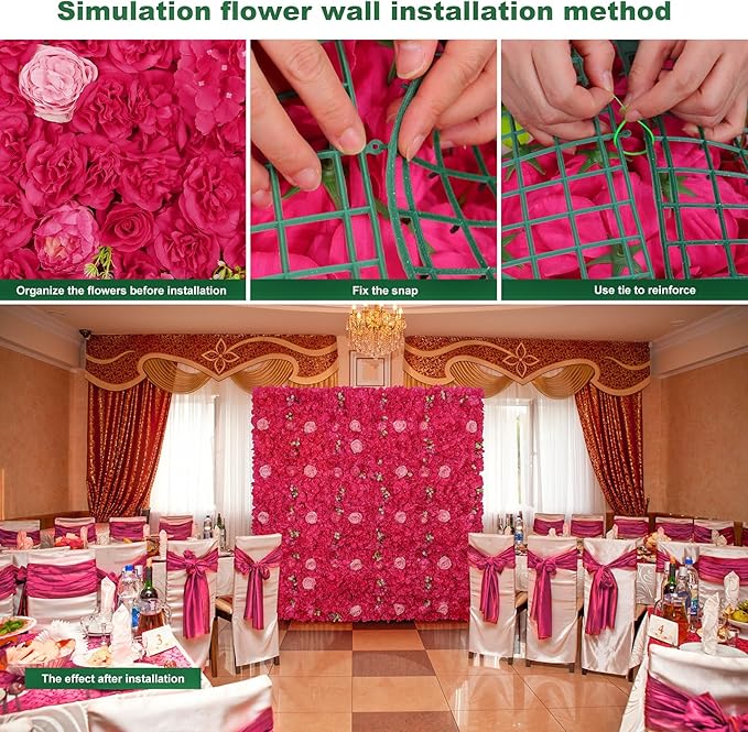Silk Flowers Wall Rose Red-12Pack Artificial Floral Wall Panels Faux Hydrangea Peony Flower Panels for Wedding Party Event Thanksgiving Decor Photography Home Decor