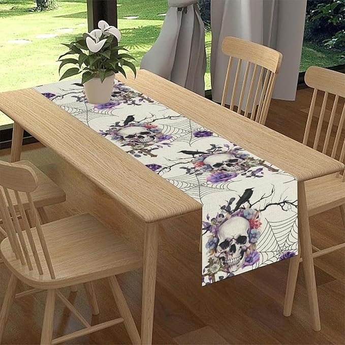 Gothic Floral Table Runner, Retro Dark Skull Spider Web Crow Flower Halloween Witchy Coffee Table Center Decor for Home Kitchen Dining Patio Holiday Party Table Decorations 13x90 inches