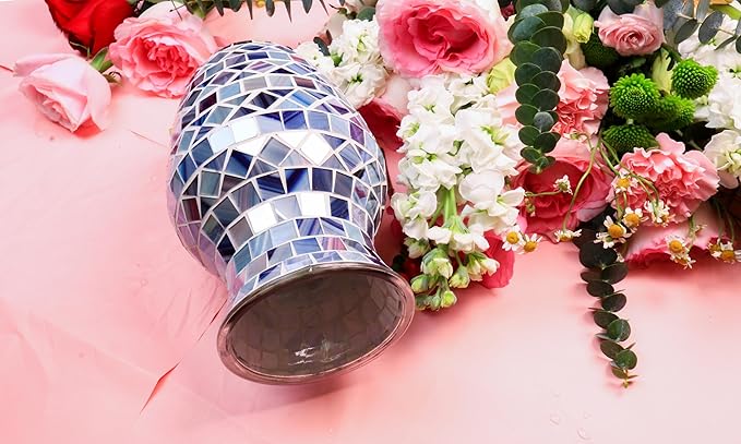 8" H Gray Blue Mosaic Vase.Exquisite Craftsmanship.Decor Home Modern Midsize All Handmade Mosaic Vases .Beautiful Glass Vase for Home&Office Decor.Unique Gift