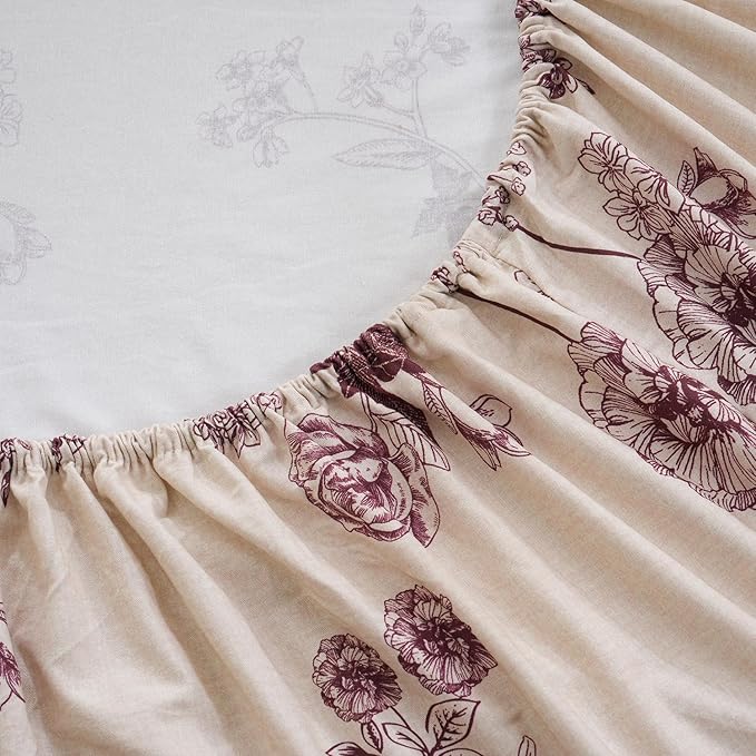 Zusbest King Size Sheets 100% Percale Cotton Red Floral Bed Sheet Set, Brushed Extra Softness, Breathable Luxury Toile Flannel Like Sheets Shabby Vintage Flower Print Deep Pocket Bed Set 17.5'' 4 Pcs