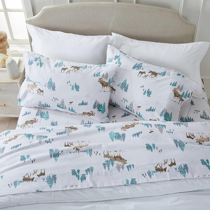 Market & Place 100% Turkish Cotton Flannel Sheet Set | 4 Piece Deep Pocket Novelty Cozy Winter Bed Sheets | Double Brushed for Extra Softness & Comfort | Alpine Collection (Full, Moose)