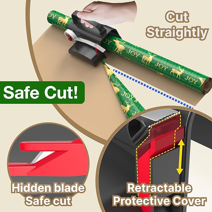 (2-Pack) Wheel Wrapping Paper Cutter & Tape Dispenser with 4 Tapes，2 Replace Blades Kit for Christmas Gift Wrap Cutter Tool Paper Roll Holder Tube Sliding Slicing for Birthday Holiday.
