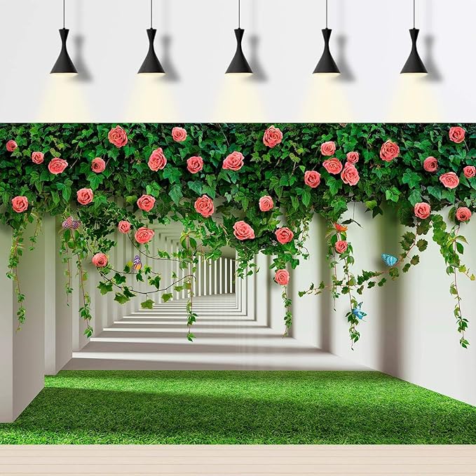 Rose Flowers Backdrop Red Rose Flowers and Green Leaves with Butterflies Photography Background Spring Alley Green Grass Backdrops Outdoor Wedding Party Decorations Photo Studio Props 15x10ft