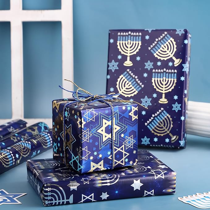 WRAPAHOLIC Hanukkah Wrapping Paper - 3 Rolls, 17 Inch x 120 Inch Each - Blue Menorah and Star of David Design with Metallic Foil Shine