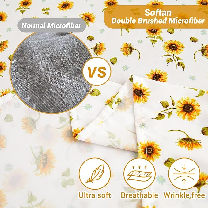 Softan Floral Sheet Set Queen, Sunflower Printed Bed Sheets Queen, Cozy Double Brushed Microfiber Fitted Sheet with 15" Deep Pocket and Corner Straps, Cute Yellow Flower Sheet & Pillowcase Sets