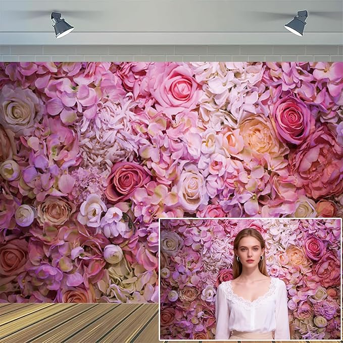 8x6.5ft Vinyl XMJJKUF Pink Floral Backdrop Flower Colorful Wedding Ceremony Girls Bridal Shower Background Birthday Party Decortaions Banner Portrait Photo Shoot Props