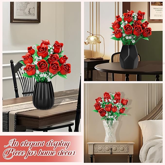 Flowers Bouquet Building Sets for Adults, for Her and Him Mother's Day Valentines Birthdays Gift, Botanical Collection DIY Rose Toy Kit, Home Office Decor