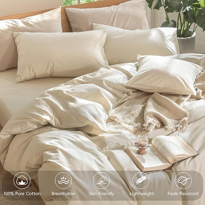 MooMee Bedding Duvet Cover Set 100% Washed Cotton Linen Like Textured Breathable Durable Soft Comfy (Heathered Almond Milk Grey, Queen 90"x90")