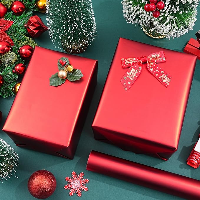 ZINTBIAL Metallic Red Wrapping Paper Roll with Cut Lines - Solid Red Holiday Gift Wrap for Graduation, Christmas, Birthdays, Baby Shower, Wedding - 17.5 in x 33 ft (48 sq. ft), Easy to Cut