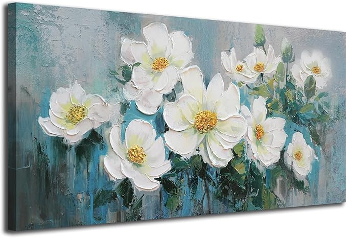 Ardemy White Floral Canvas Wall Art Large Teal Textured Pictures Wall Decor Turquoise Paintings Artwork for Living Room Bedroom Home Office, 48"x24"
