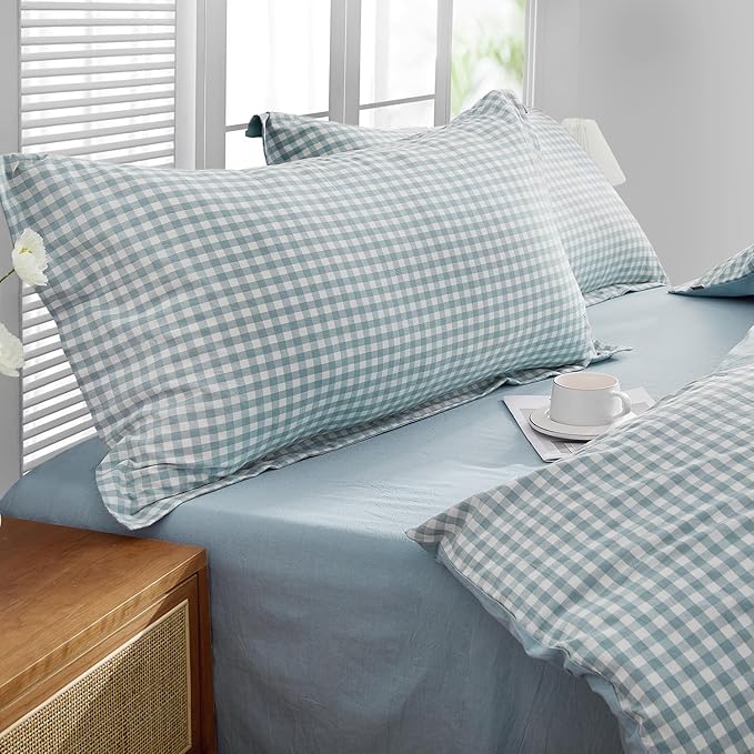 SAPHREAS Light Blue Plaid Duvet Cover Full Size 3pcs 100% Washed Cotton Soft Comforter Cover Simple Style 1 Blue Grid Duvet Cover 2 Pillow Sham, Comforter Not Included