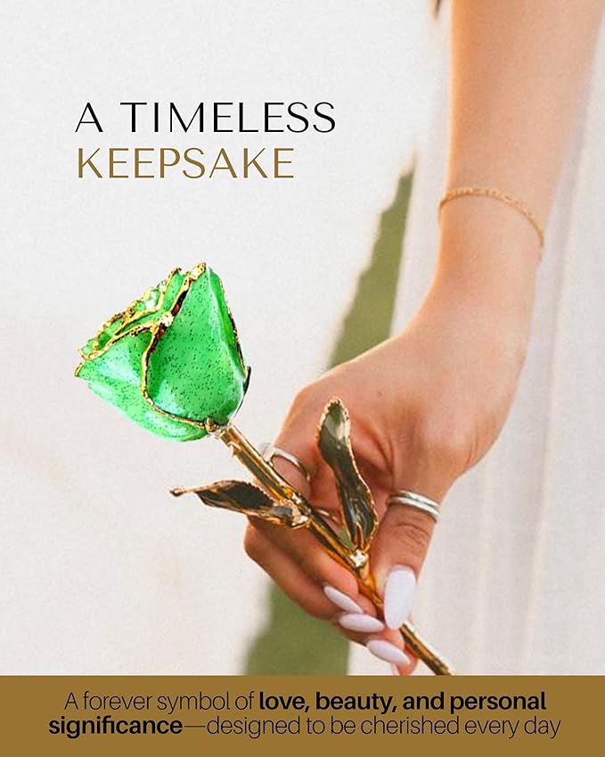 Forever Rose Hand-Dipped in 24K Gold, Peridot-Inspired August Birthstone with Sparkles, Real Rose in Luxury Gold Gift Box – Perfect Ready to Gift for August Birthday or Any Occasion