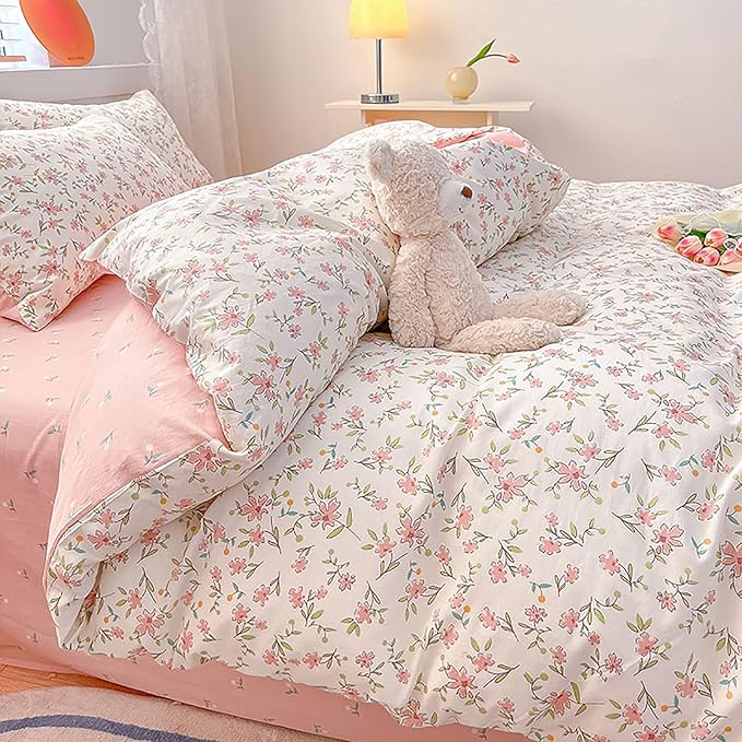 EAVD Girls Floral Duvet Cover Twin White Soft 100% Cotton Small Cute Floral Botanical Bedding Set with 2 Pillowcases Chic Shabby Vintage Garden Floral Botanical Duvet Cover with Zipper Closure