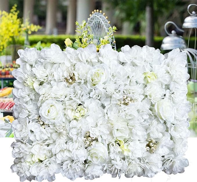 12pcs 24" x 16" Artificial Flower Wall Panel Background,3D White Plastic Hydrangea Rose Flowers Wall Backdrop for Wedding Party Event Photo Backdrop Wall Decor (White)