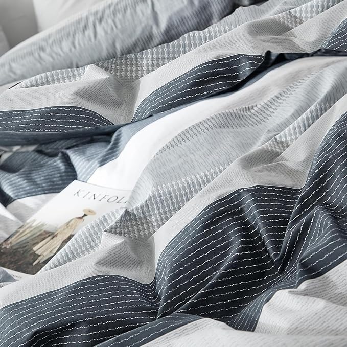 LifeTB Full Comforter Set Blue Grey Striped Bedding Comforter Set Lightweight Soft All Seasons Bedding Sets Fluffy Down Alternative Comforter 3 Pieces Bed Set 1 Striped Comforter with 2 Pillow Shams